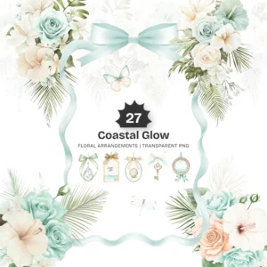 Coastal Glow Floral Arrangements, Summer Floral PNG, Hibiscus Bouquet, Roses Art, Seaside Floral Decor, Ornaments, Digital Download