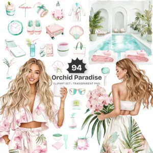 Orchid Paradise Clipart Set – Tropical Vacation PNG Illustrations, Summer Resort Graphics, Poolside Drinks, Spa, Digital Download