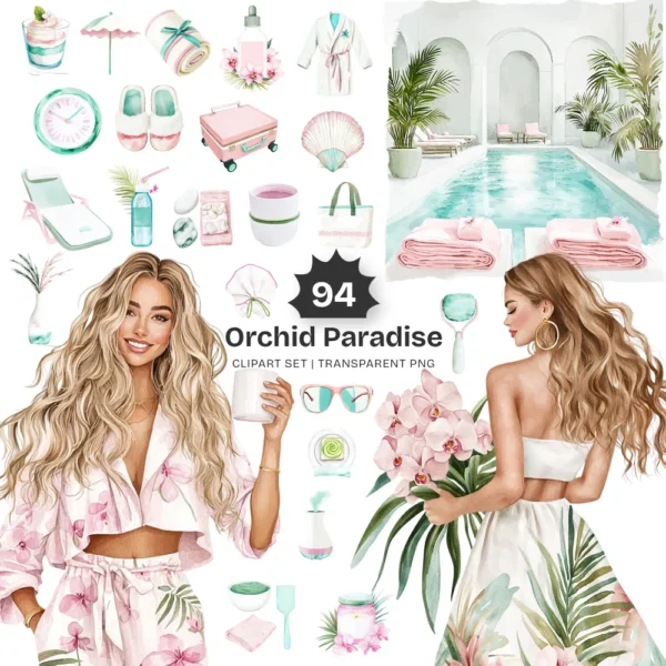Orchid Paradise Clipart Set – Tropical Vacation PNG Illustrations, Summer Resort Graphics, Poolside Drinks, Spa, Digital Download