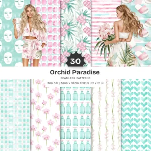 Orchid Paradise Seamless Patterns, Pink Floral JPEG, Summer Resort Pattern, Tropical Spa Wellness Repeating Pattern, Digital Scrapbook Paper