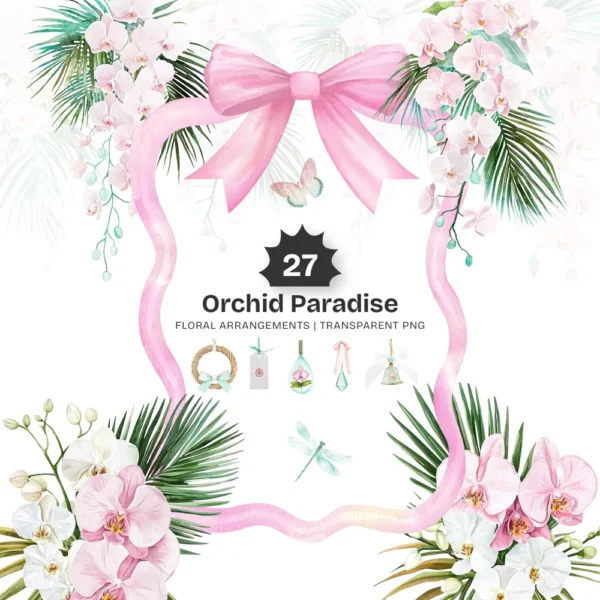 Orchid Paradise Floral Arrangements, Pink Floral PNG, Orchid Bouquet, Summer Resort Art, Poolside Floral Decor, Ornaments, Digital Download