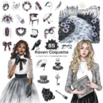 Raven Coquette Clipart Set – Dark Academia PNG Illustrations, Victorian Lace Graphics, Elegant Gothic, Moody Florals, Digital Download