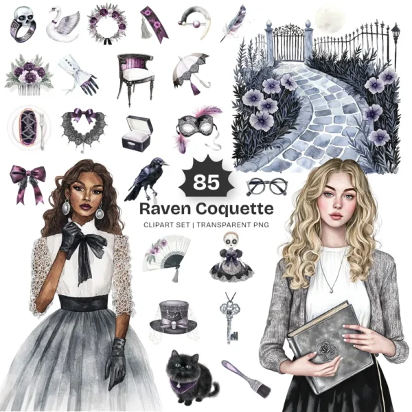 Raven Coquette Clipart Set – Dark Academia PNG Illustrations, Victorian Lace Graphics, Elegant Gothic, Moody Florals, Digital Download