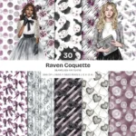 Raven Coquette Seamless Patterns, Moody Florals JPEG, Vintage Gothic Pattern, Victorian lace Repeating Pattern, Digital Scrapbook Paper