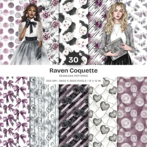 Raven Coquette Seamless Patterns, Moody Florals JPEG, Vintage Gothic Pattern, Victorian lace Repeating Pattern, Digital Scrapbook Paper