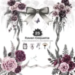 Raven Coquette Floral Arrangements, Gothic Floral PNG, Carnation Bouquet, Carnation Art, Moody Floral Decor, Ornaments, Digital Download