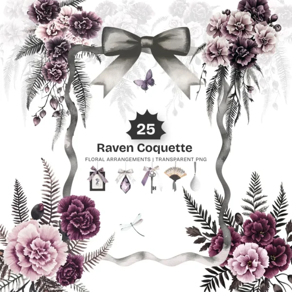 Raven Coquette Floral Arrangements, Gothic Floral PNG, Carnation Bouquet, Carnation Art, Moody Floral Decor, Ornaments, Digital Download