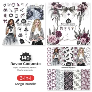 Raven Coquette Mega Bundle – Dark Academia PNG Illustrations, Victorian Lace Graphics, Elegant Gothic, Moody Florals, Digital Download
