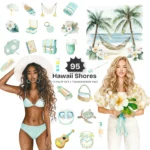 Hawaii Shores Clipart Set – Tropical Beach PNG Illustrations, Coastal Summer Graphics, Island Houses Surfboards Seashells, Digital Download