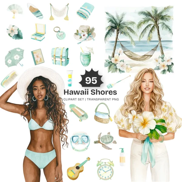 Hawaii Shores Clipart Set – Tropical Beach PNG Illustrations, Coastal Summer Graphics, Island Houses Surfboards Seashells, Digital Download