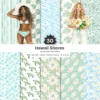 Hawaii Shores Seamless Patterns, Hibiscus Florals JPEG, Tropical Beach Pattern, Seashells Repeating Pattern, Digital Scrapbook Paper