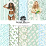 Hawaii Shores Seamless Patterns, Hibiscus Florals JPEG, Tropical Beach Pattern, Seashells Repeating Pattern, Digital Scrapbook Paper