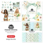 Hawaii Shores Mega Bundle – Tropical Beach PNG Illustrations, Coastal Summer Graphics, Island Houses Surfboards Seashells, Digital Download