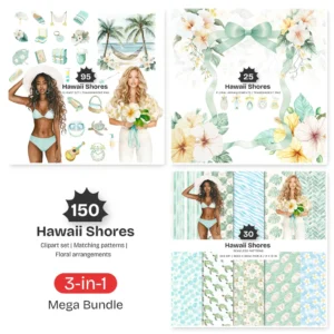 Hawaii Shores Mega Bundle – Tropical Beach PNG Illustrations, Coastal Summer Graphics, Island Houses Surfboards Seashells, Digital Download