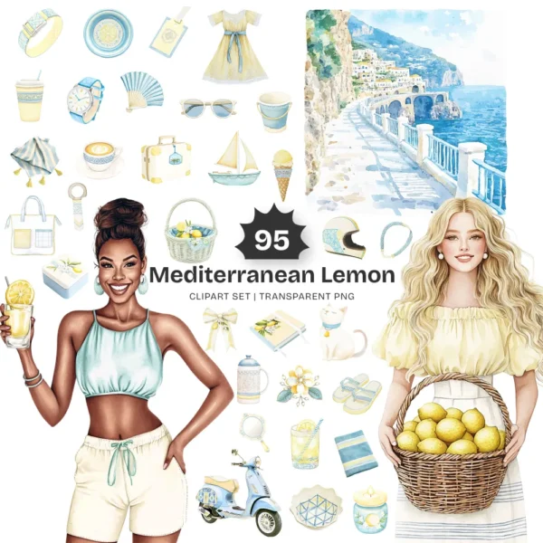 Mediterranean Lemon Clipart Set – Italian Lemon Grove PNG Illustrations, Citrus Summer Graphics, Market Basket, Sunny Days, Digital Download