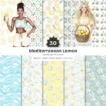 Mediterranean Lemon Seamless Patterns, Lemon Blossom JPEG, Mediterranean Tile Pattern, Summertime Repeating Pattern, Digital Scrapbook Paper