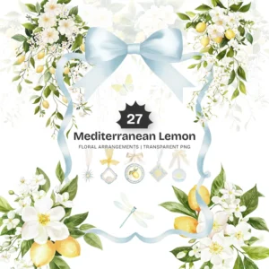 Mediterranean Lemon Floral Arrangements, Italian Lemon PNG, Lemon Blossom Bouquet, Jasmine Art, Summer Decor, Ornaments, Digital Download