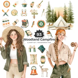 Woodland Campfire Clipart Set – Summer Forest Camping PNG Illustrations, Forest Adventure Graphics, Pine, Summertime, Digital Download
