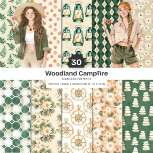 Woodland Campfire Seamless Patterns, Daisy Floral JPEG, Wildflower Pattern, Summer, Lanterns Repeating Pattern, Digital Scrapbook Paper