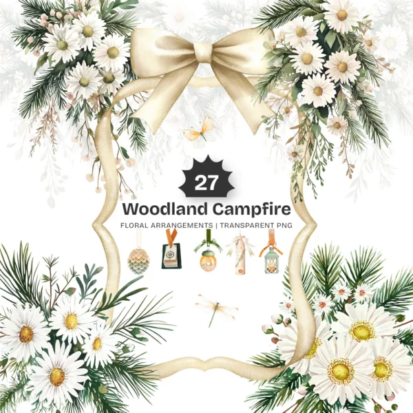 Woodland Campfire Floral Arrangements, Forest Floral PNG, Daisy Bouquet, Wildflowers Art, Forest Decor, Ornaments, Digital Download