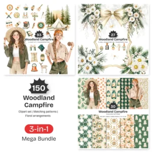Woodland Campfire Mega Bundle – Summer Forest Camping PNG Illustrations, Forest Adventure Graphics, Pine, Summertime, Digital Download