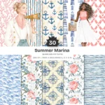 Summer Marina Seamless Patterns, Floral Peony JPEG, Yacht Pattern, Ship Wheel, Anchor, Nautical Repeating Pattern, Digital Scrapbook Paper