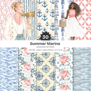 Summer Marina Seamless Patterns, Floral Peony JPEG, Yacht Pattern, Ship Wheel, Anchor, Nautical Repeating Pattern, Digital Scrapbook Paper