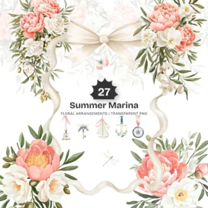 Summer Marina Floral Arrangements, Peony Floral PNG, Peony Bouquet, White Gardenias Art, Nautical Decor, Ornaments, Digital Download