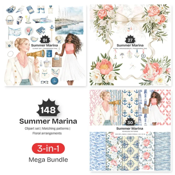 Summer Marina Mega Bundle – Luxury Yacht PNG Illustrations, Coastal Fashion Graphics, Champagne, Docks, Nautical Lifestyle, Digital Downloa