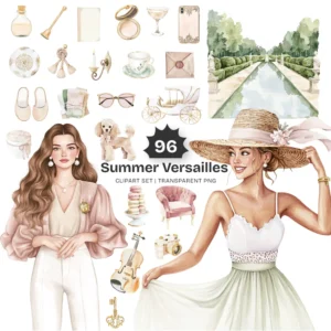 Summer Versailles Clipart Set – French Garden PNG Illustrations, Palace Fountain Hedges Graphics, Elegant Floral, Digital Download
