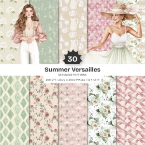 Summer Versailles Seamless Patterns, Garden Rose JPEG, Hydrangea Pattern, Polka, Botanical Repeating Pattern, Digital Scrapbook Paper