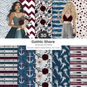 Gothic Shore Seamless Patterns, Gothic JPEG, Burgundy Dahlia Pattern, Driftwood, Starfish Repeating Pattern, Digital Scrapbook Paper
