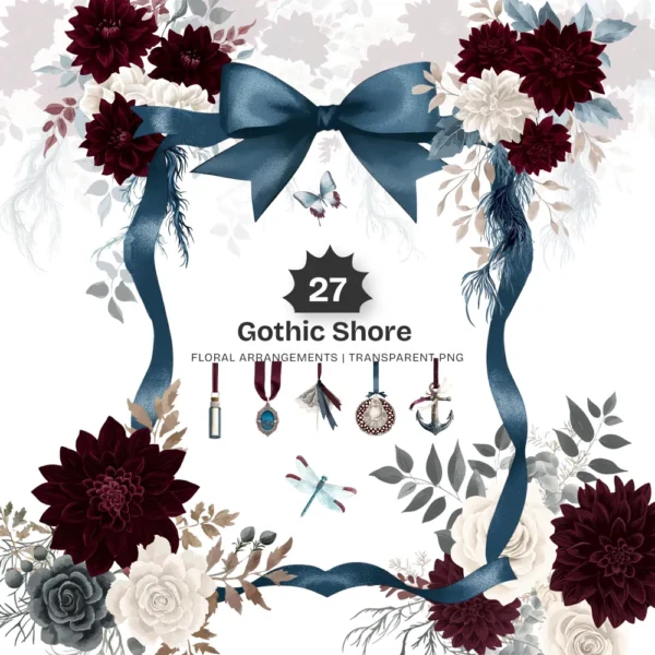 Gothic Shore Floral Arrangements, Dark Floral PNG, Dahlia Bouquet, Rose Floral Art, Gothic Decor, Ornaments, Digital Download