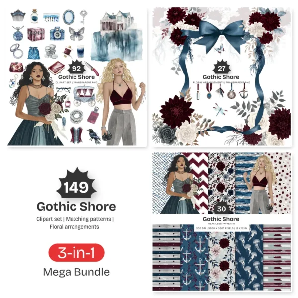 Gothic Shore Mega Bundle – Dark Coastal PNG Illustrations, Haunted Summer Graphics, Moody Beach Clipart, Stormy Beach, Digital Download