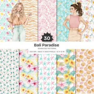 Bali Paradise Seamless Patterns, Tropical JPEG, Hibiscus Pattern, Island, Summer Coastal Repeating Pattern, Digital Scrapbook Paper