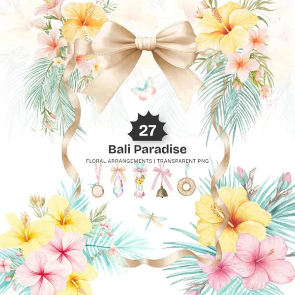 Bali Paradise Floral Arrangements, Tropical Floral PNG, Hibiscus Bouquet, Hibiscus Floral Art, Tropical Decor, Ornaments, Digital Download