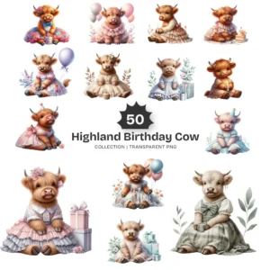 Highland Cow Birthday PNG Clipart Collection - 50 PNG, Cute Farm Graphics, Festive Decorations Printables, Commercial use, Digital download