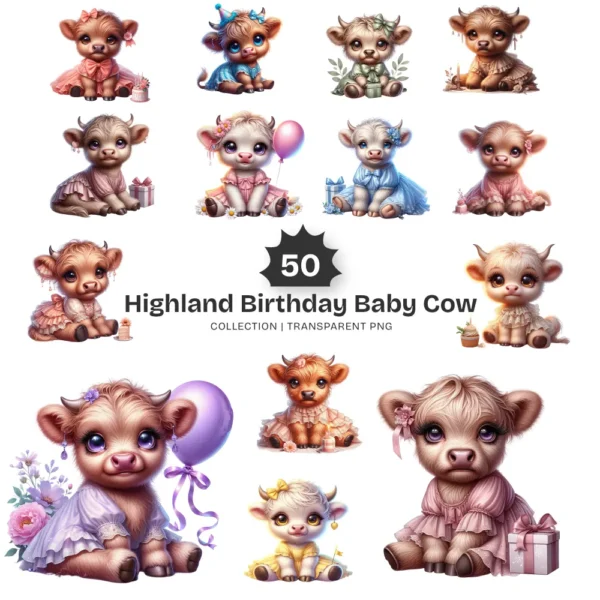 Highland Baby Cow Birthday PNG Clipart Collection - 50 PNG, Cute Farm Graphics, Party Decoration Printables, Commercial use,Digital download