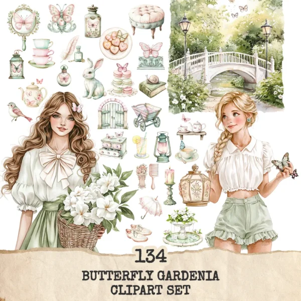Butterfly Gardenia Clipart Set – Gardenia Flower PNG Illustrations, Whimsical, Dreamy Floral, Butterfly Garden Graphics, Digital Download