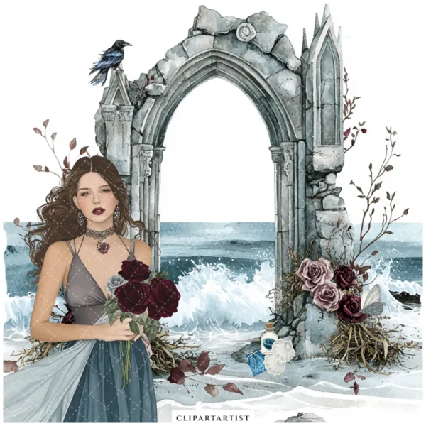 Gothic Shore Clipart Set – Dark Coastal PNG Illustrations, Haunted Summer Graphics, Moody Beach Clipart, Stormy Beach, Digital Download