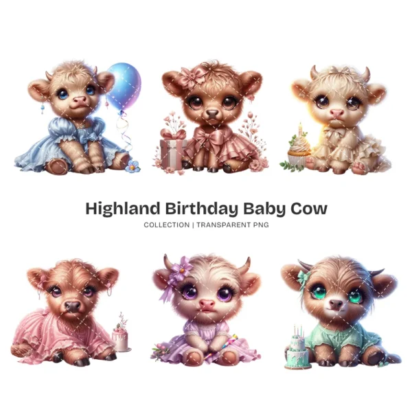 Highland Baby Cow Birthday PNG Clipart Collection - 50 PNG, Cute Farm Graphics, Party Decoration Printables, Commercial use,Digital download