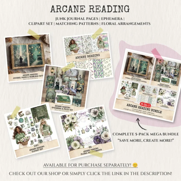 Arcane Reading Mega Bundle – Enchanted Forest Library, Ephemera, Journal, Magical Book PNG Clipart, Seamless Pattern, Digital Download
