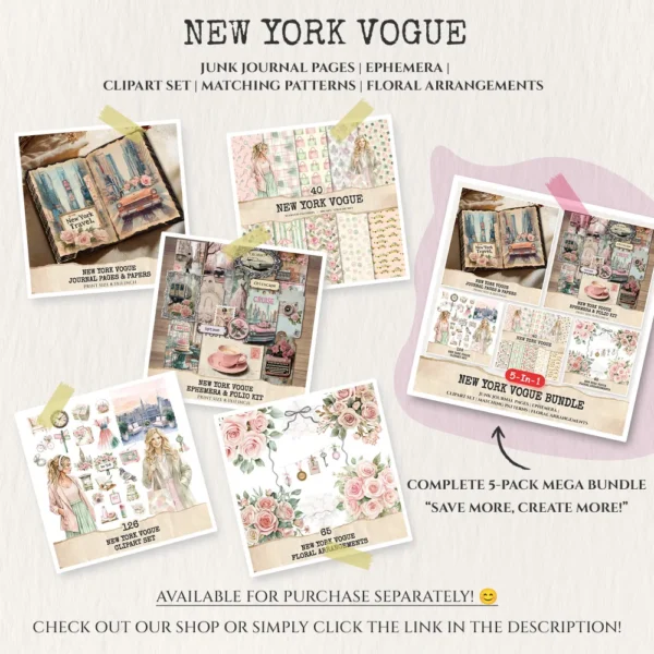 New York Vogue Mega Bundle – Chic New York Travel, Ephemera, Journal, Modern Travel PNG Clipart, Seamless Pattern, Digital Download