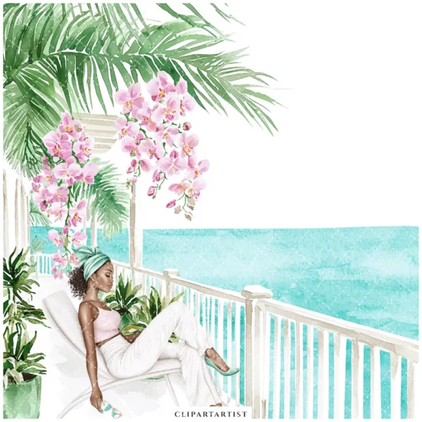 Orchid Paradise Clipart Set – Tropical Vacation PNG Illustrations, Summer Resort Graphics, Poolside Drinks, Spa, Digital Download