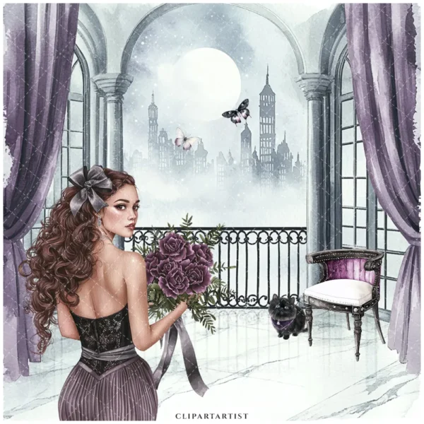 Raven Coquette Clipart Set – Dark Academia PNG Illustrations, Victorian Lace Graphics, Elegant Gothic, Moody Florals, Digital Download