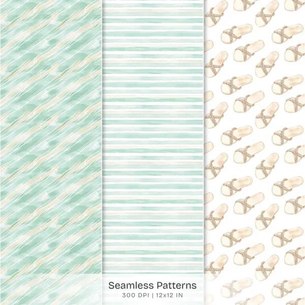 Coastal Glow Seamless Patterns, Summer Floral JPEG, Beach Lanterns Pattern, Seashell Clusters Repeating Pattern, Digital Scrapbook Paper