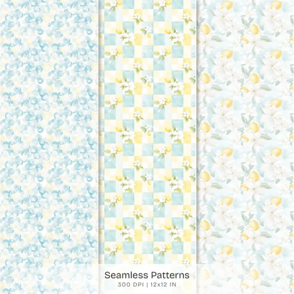Mediterranean Lemon Seamless Patterns, Lemon Blossom JPEG, Mediterranean Tile Pattern, Summertime Repeating Pattern, Digital Scrapbook Paper