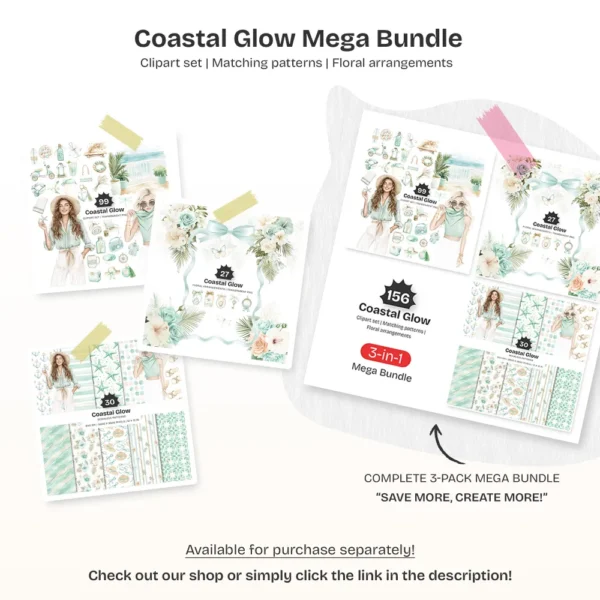 Coastal Glow Clipart Set – Seaside Summer PNG Illustrations, Seashells Clusters, Tropical Beach Graphics, Sandy Paths, Digital Download