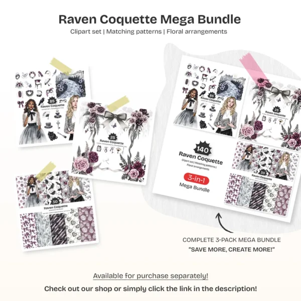 Raven Coquette Mega Bundle – Dark Academia PNG Illustrations, Victorian Lace Graphics, Elegant Gothic, Moody Florals, Digital Download