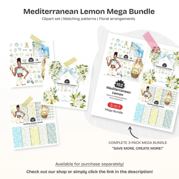 Mediterranean Lemon Clipart Set – Italian Lemon Grove PNG Illustrations, Citrus Summer Graphics, Market Basket, Sunny Days, Digital Download